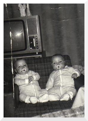 Sie sehen eineiige 	Zwillinge im Alter von 3 Monaten